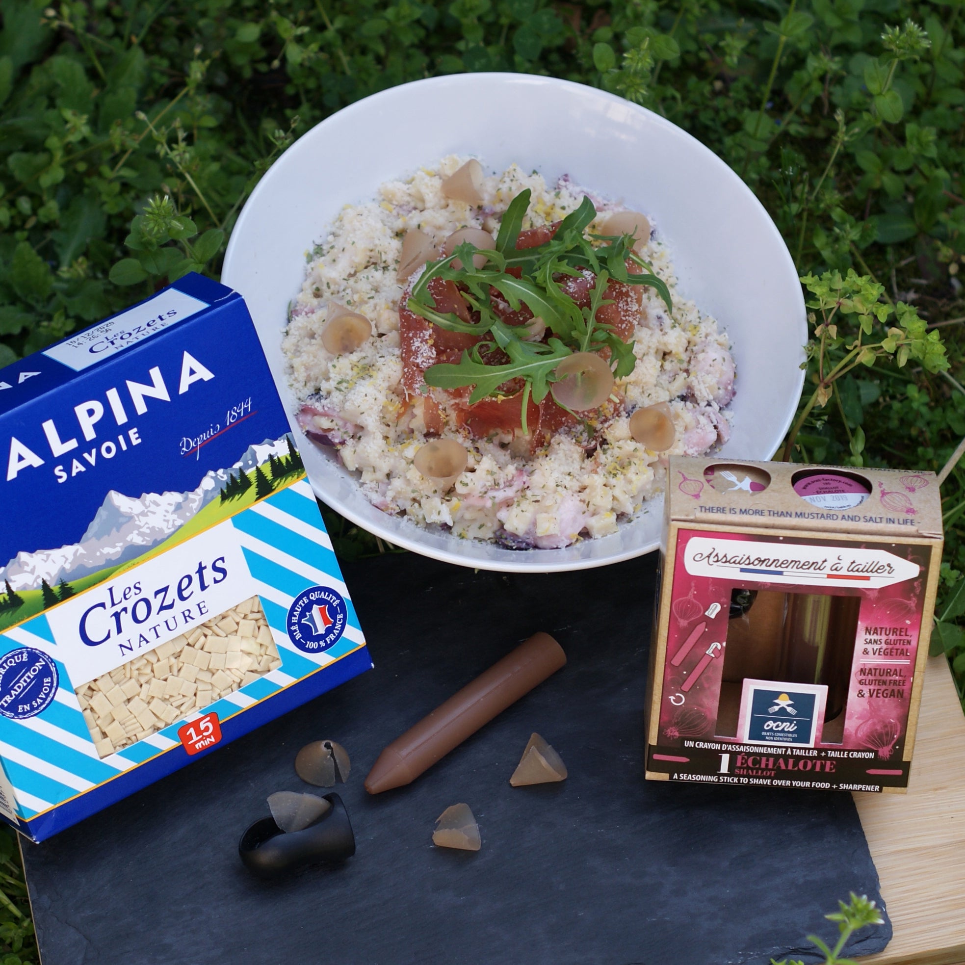 Risotto de crozets, encornet, jambon cru et parmesan | Assaisonnement à tailler Échalote