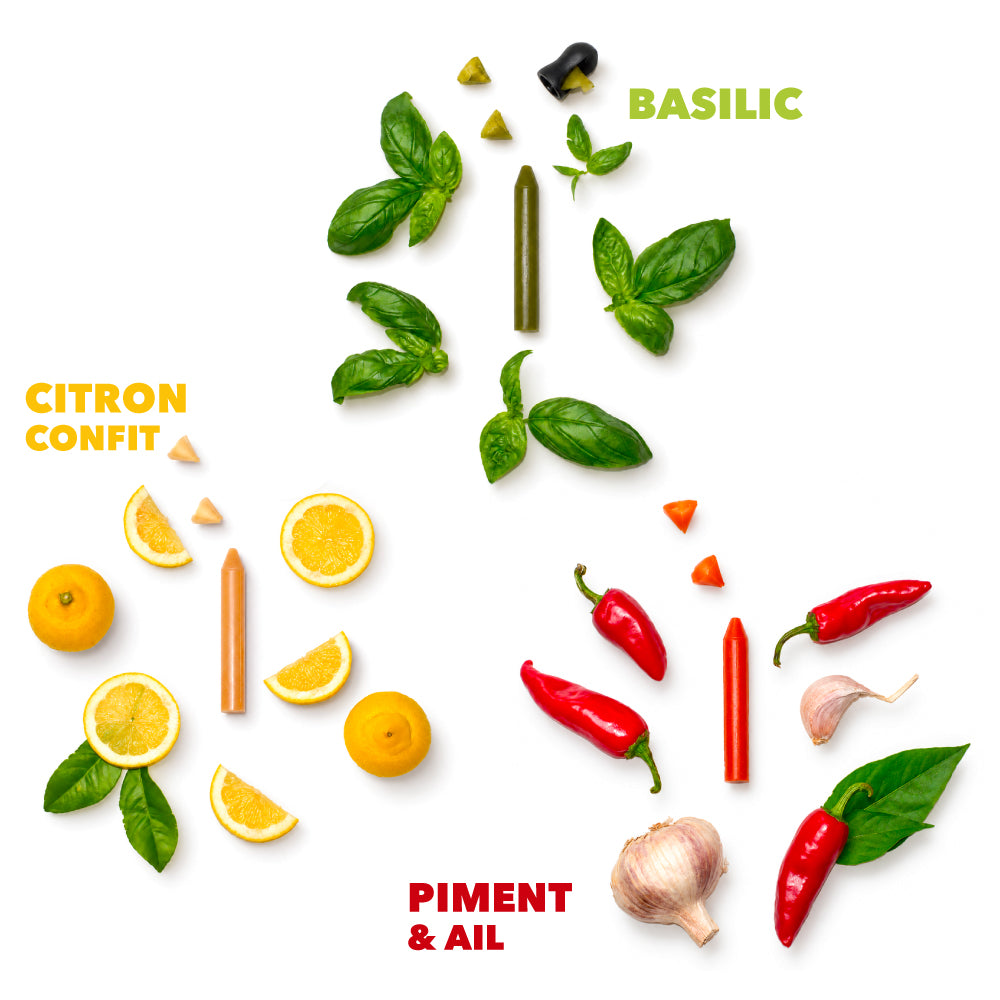 COFFRET DÉCOUVERTE (BIO) | 3 crayons : Basilic ·Citron confit · Piment & ail