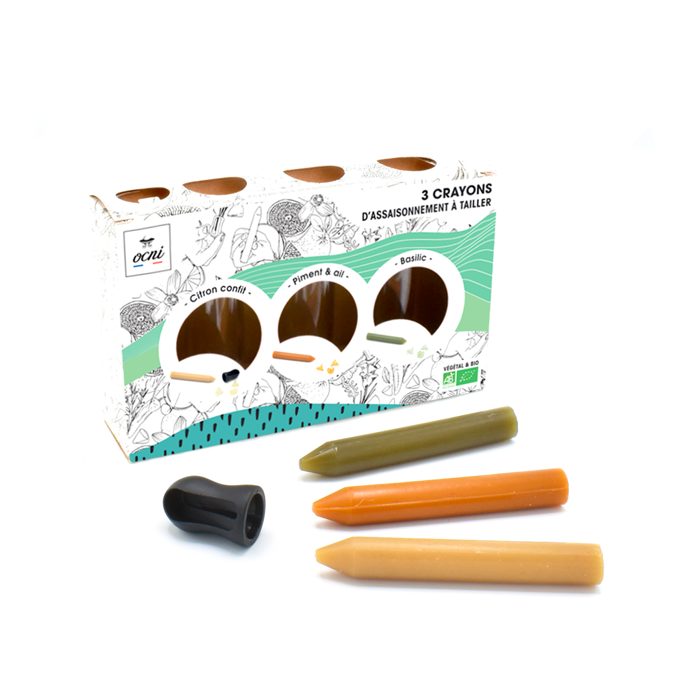 Le coffret découverte avec les 3 crayons d'assaisonnement : Citron confit, Basilic et Piment & ail