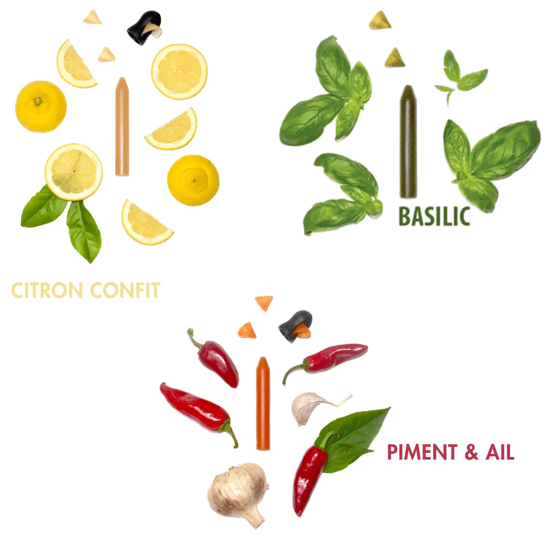 3 crayons comestibles associant Citron confit, Basilic et Piment & ail