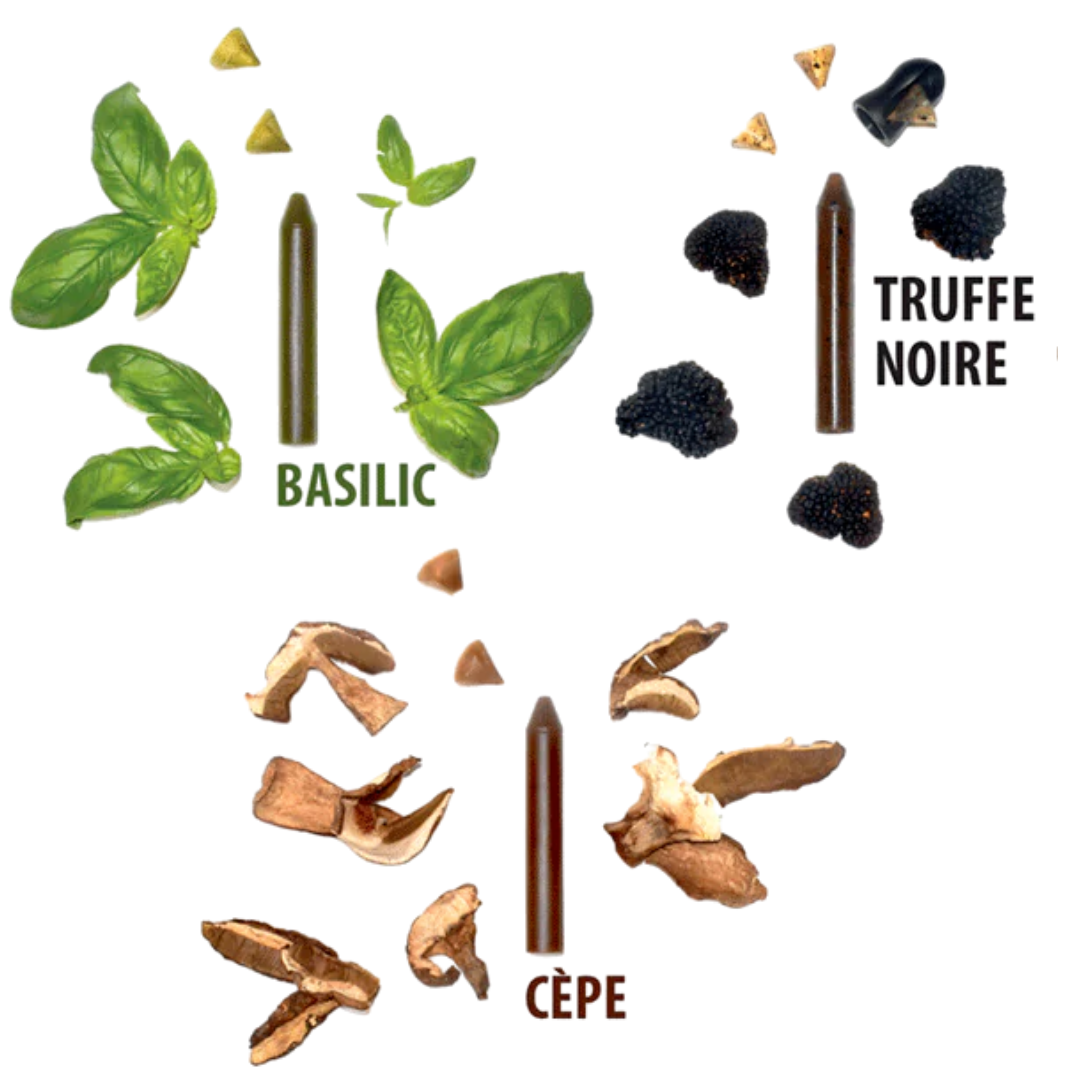 3 crayons comestibles associant Truffe noire, Basilic et Cèpe
