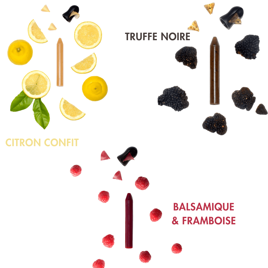 assortiment de 3 crayons d'assaisonnement Balsamique & Framboise, Citron confit et Truffe noire
