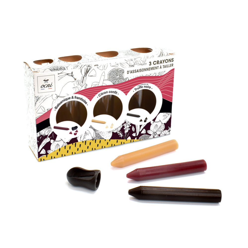 COFFRET GOURMET GOURMAND | 3 crayons : Balsamique & framboise (BIO) + Citron confit (BIO) + Truffe noire