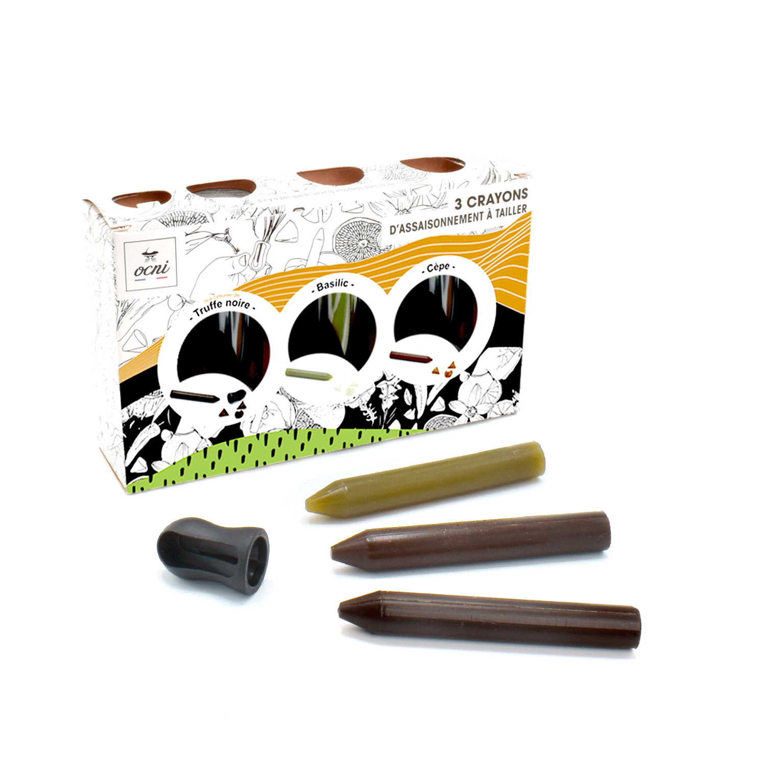 Le COFFRET FESTIN FESTIF avec 3 crayons assaisonnement Basilic (BIO), Truffe noire, Cèpe