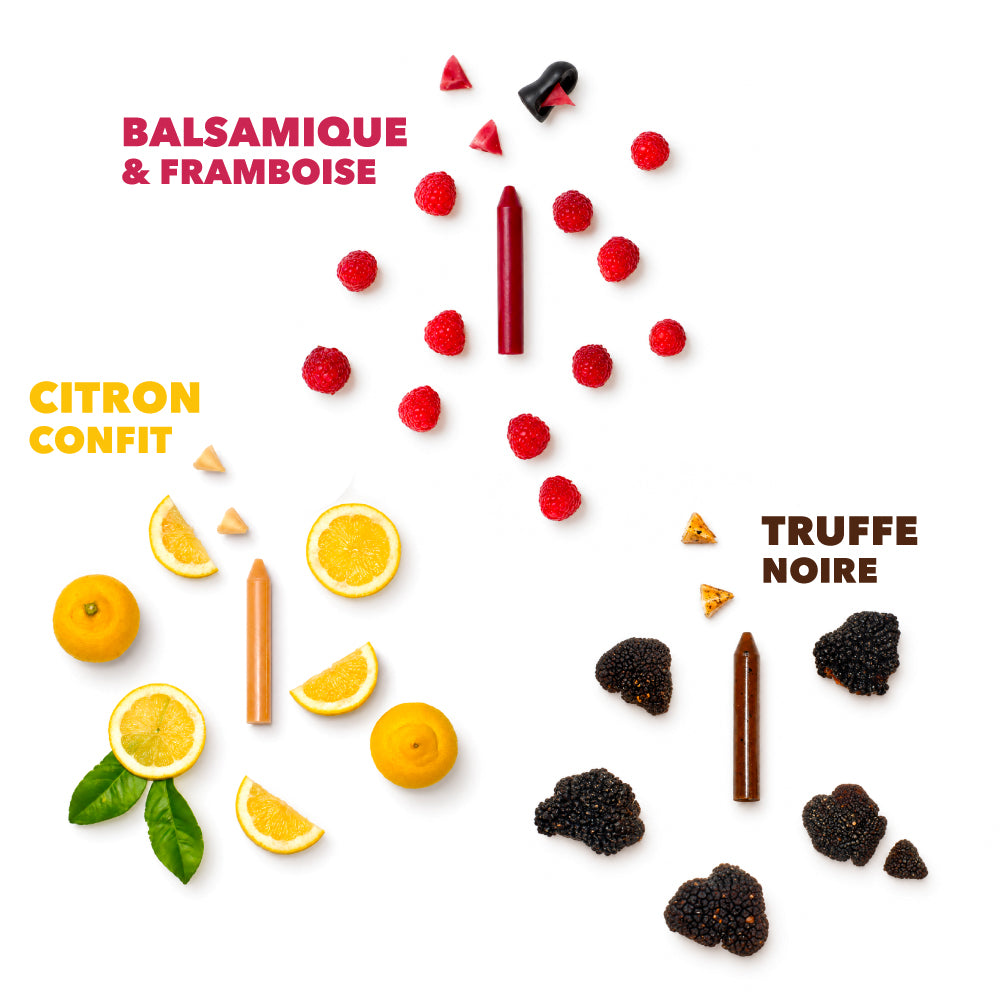 COFFRET GOURMET GOURMAND | 3 crayons : Balsamique & framboise (BIO) · Citron confit (BIO) · Truffe noire