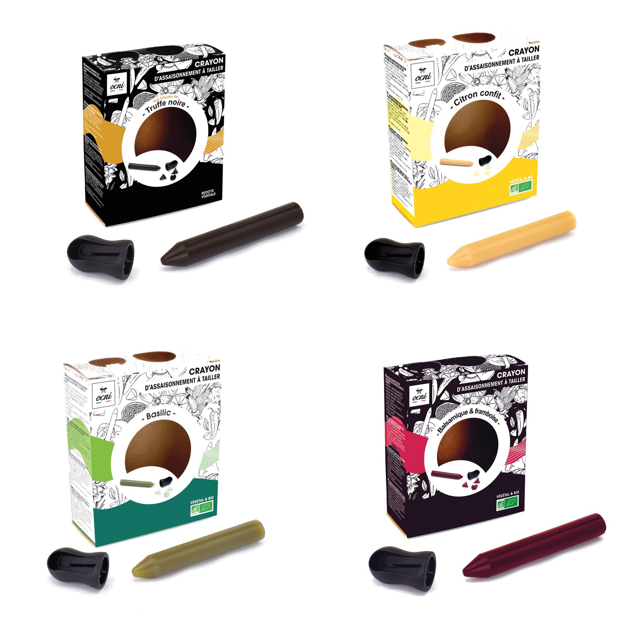 4 COFFRETS 1 CRAYON | Truffe noire / Balsamique & framboise (BIO) / Basilic  (BIO) / Citron confit (BIO)