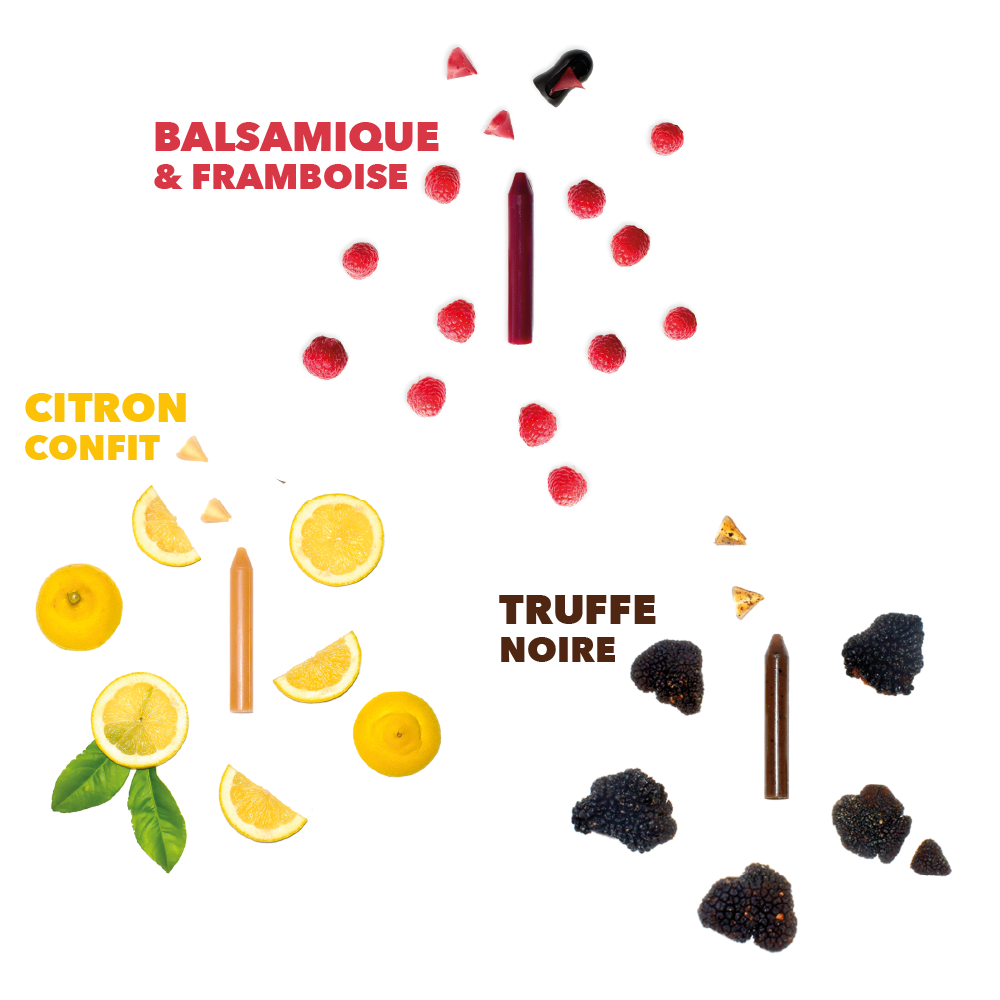 COFFRET GOURMET GOURMAND | 3 crayons : Balsamique & framboise (BIO) + Citron confit (BIO) + Truffe noire