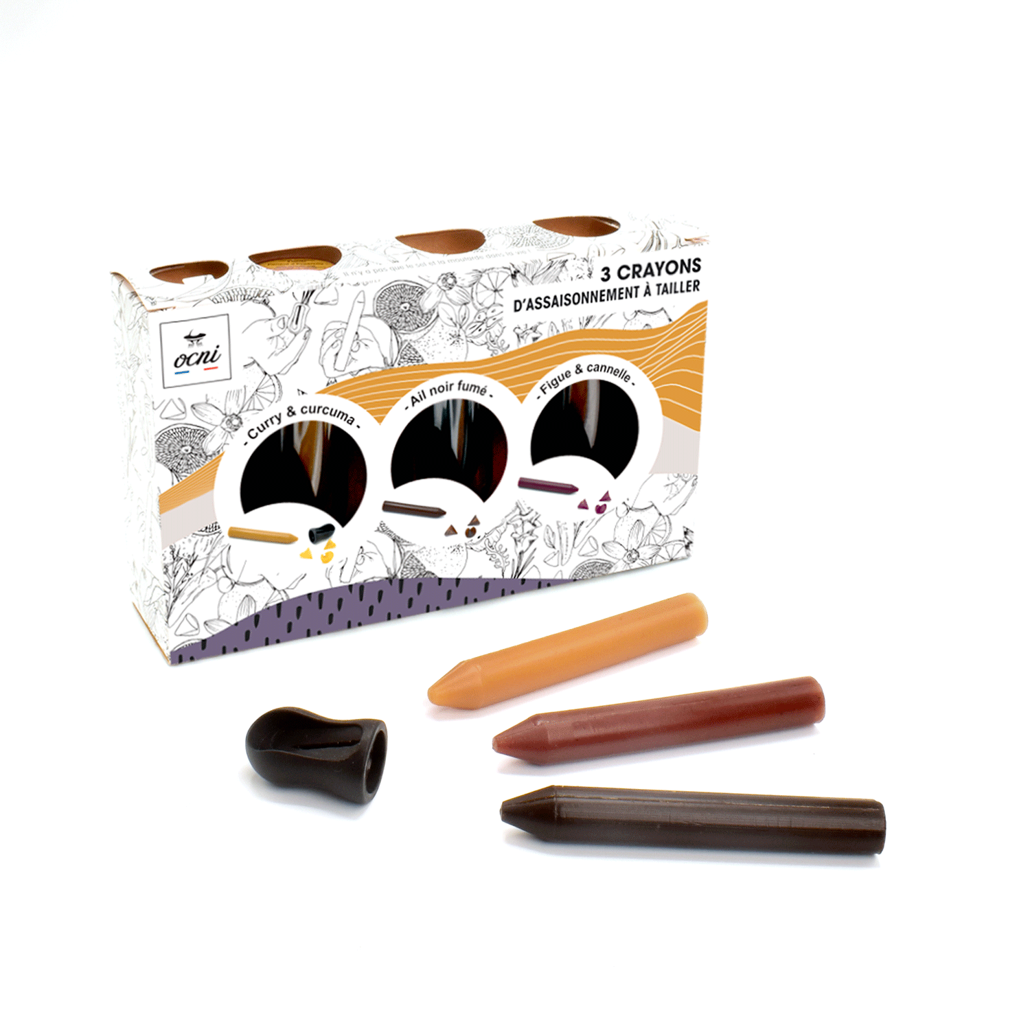Le coffret des 3 crayons comestibles: Ail Noir Fumé, Figue Cannelle & Curry Curcuma